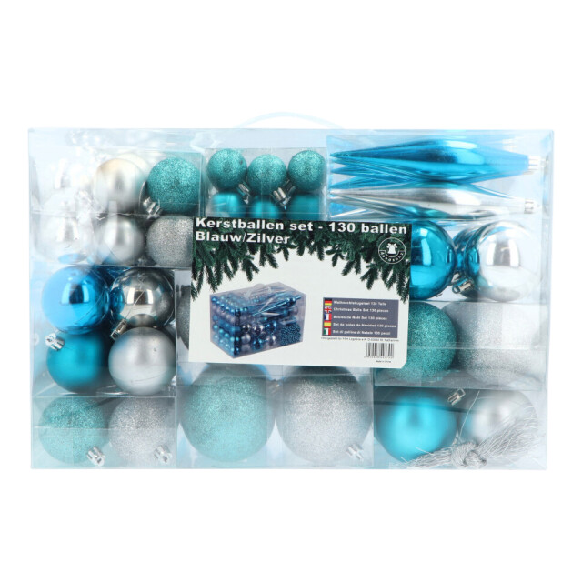 4seasonz ® kunststof kerstballen set 130 ballen piek en parelsnoer blauw/ 3047654 large