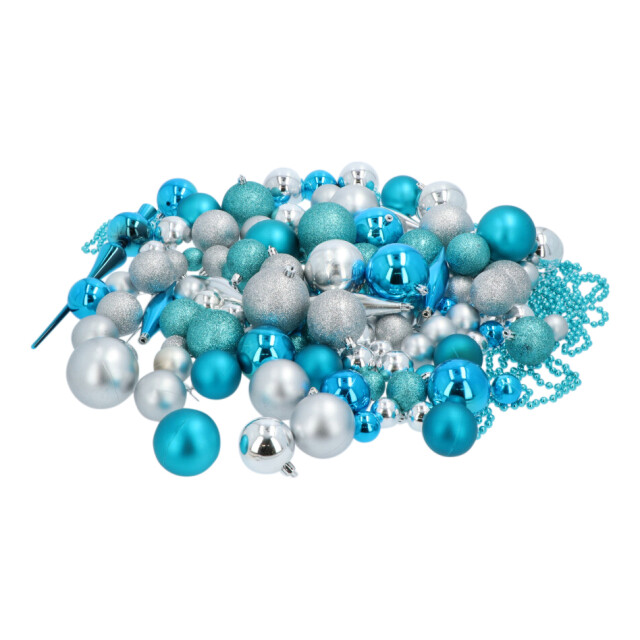 4seasonz ® kunststof kerstballen set 130 ballen piek en parelsnoer blauw/ 3047654 large