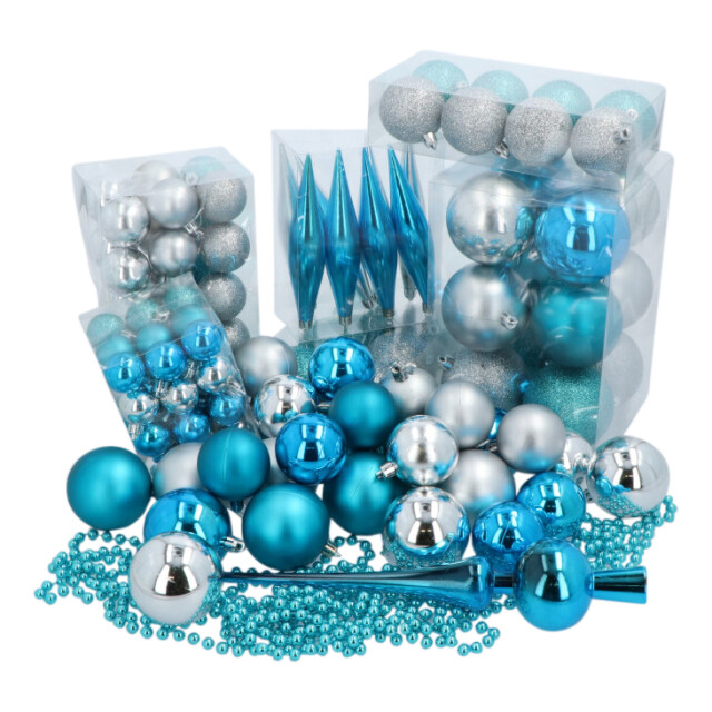 4seasonz ® kunststof kerstballen set 130 ballen piek en parelsnoer blauw/ 3047654 large