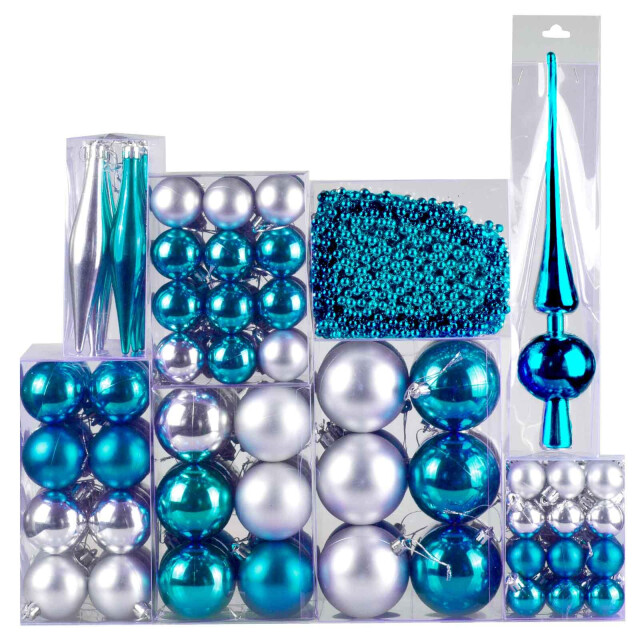 4seasonz ® kunststof kerstballen set 130 ballen piek en parelsnoer blauw/ 3047654 large