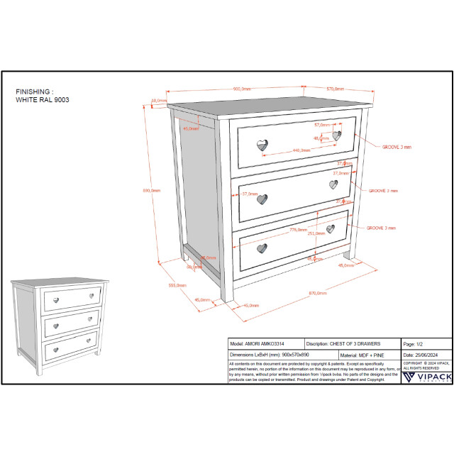 Lucevi amori commode 3 laden - 90x57 cm 3012611 large