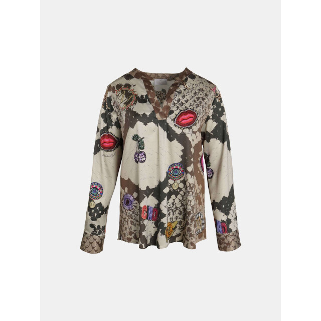 Mucho Gusto ® blouse grazie slangenprint en artistiek bedrukte patches MUCHO GUSTO® Blouse Grazie Beige Slangenprint en Artistiek bedrukte Patches large