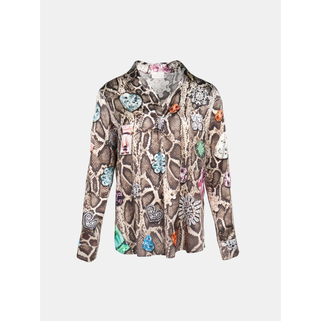 Mucho Gusto Zijden blouse blouse livorno beige met slangenprint en kleurrijke broches Zijden blouse Blouse Livorno Beige met Slangenprint en Kleurrijke Broches large