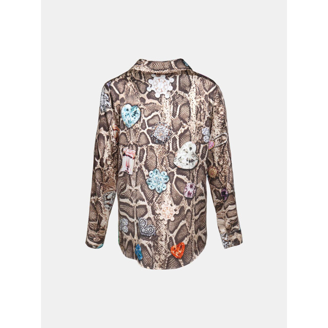 Mucho Gusto Zijden blouse blouse livorno beige met slangenprint en kleurrijke broches Zijden blouse Blouse Livorno Beige met Slangenprint en Kleurrijke Broches large