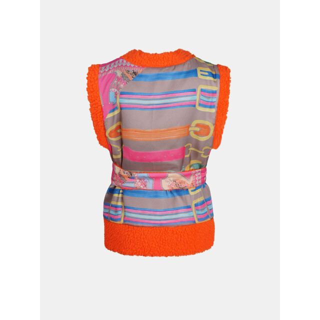 Mucho Gusto Tweezijdig draagbaar oranje tweed en teddy gilet met multicolor riemen en paisleyprint Tweezijdig Draagbaar Oranje Tweed en Teddy Gilet met Multicolor Riemen en Paisleyprint large
