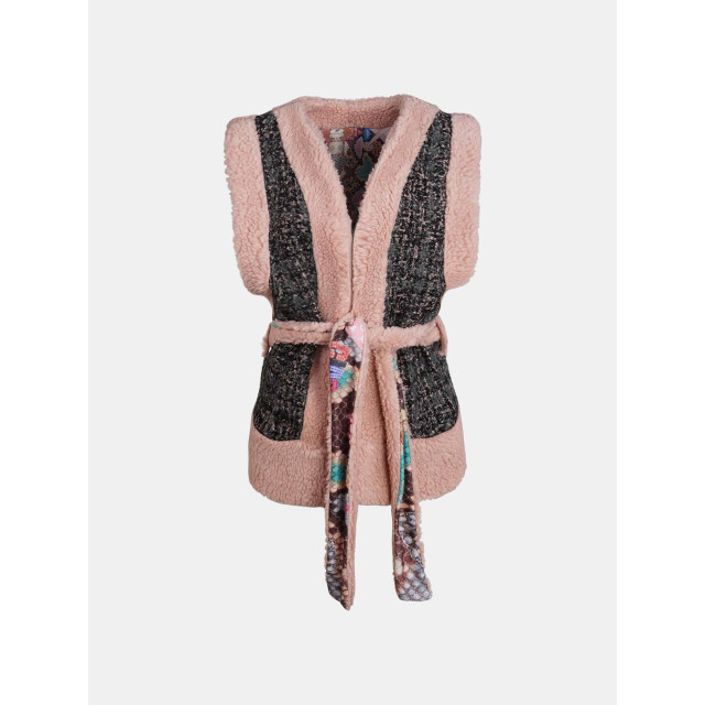 Mucho Gusto Tweezijdig draagbaar roze tweed en teddy gilet chique roze met multicolor slangenprint Tweezijdig Draagbaar Roze Tweed en Teddy Gilet Chique Roze met Multicolor Slangenprint large