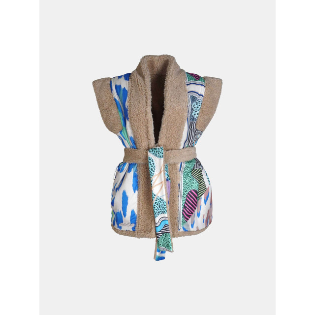 Mucho Gusto Teddy gilet reversible beige met blauw-groene luipaardprint en multicolor dieren patchwork Teddy Gilet Reversible Beige met Blauw-Groene Luipaardprint en Multicolor Dieren Patchwork large