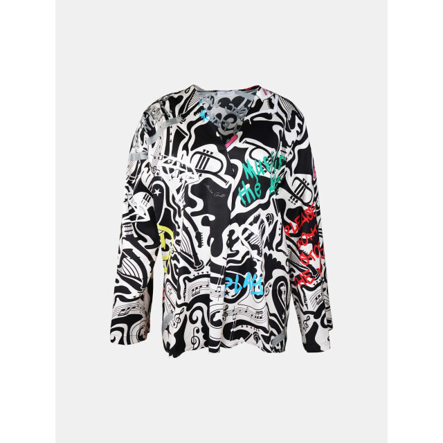 Mucho Gusto Blouse rno in zwart-wit ‘thank you for the music’ print Blouse Salerno in Zwart-Wit ‘Thank You for the Music’ Print large