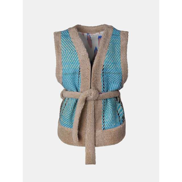 Mucho Gusto Tweezijdig draagbaar lichtblauw tweed en teddy gilet met blauwe-groene luipaardprint Tweezijdig Draagbaar Lichtblauw Tweed en Teddy Gilet met Blauwe-Groene Luipaardprint large