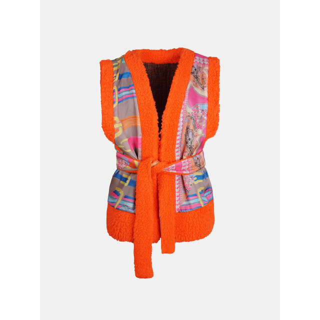 Mucho Gusto Tweezijdig draagbaar oranje tweed en teddy gilet met multicolor riemen en paisleyprint Tweezijdig Draagbaar Oranje Tweed en Teddy Gilet met Multicolor Riemen en Paisleyprint large
