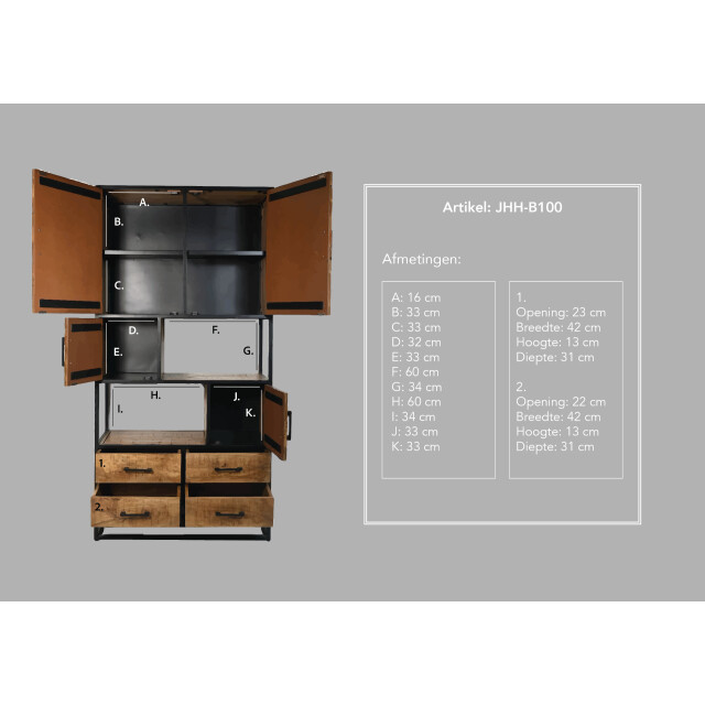 HSM Collection -wandkast verona 4 deur 4 la-100x40x200--mango/metaal 2922595 large