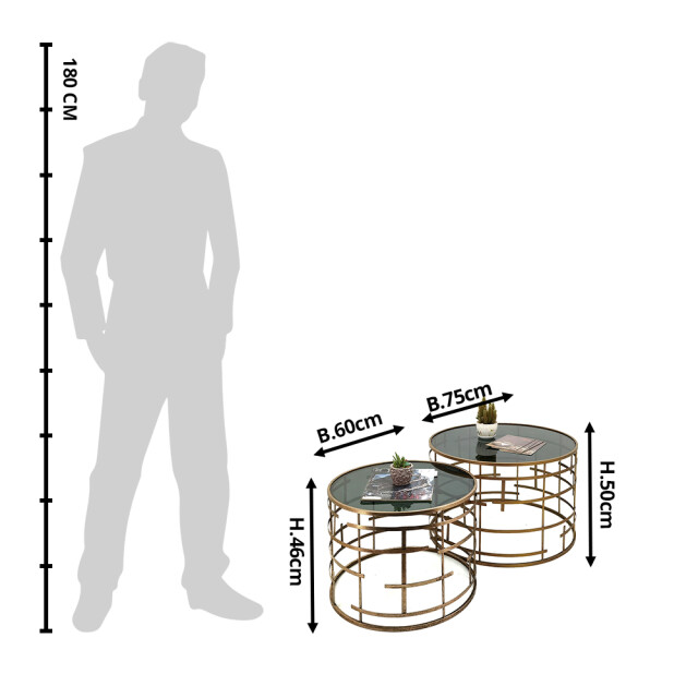 Clayre & Eef Bijzettafel set van 2 Ø 75 / Ø 60 cm metaal glas rond 2025611 large