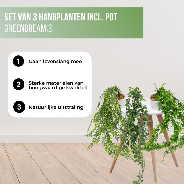 GreenDream ® 3 verschillende hangplanten kunstplanten in pot decoratief - 3047771 large