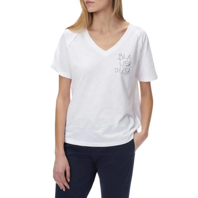Blauer T-shirt dames Blauer Wit V-Neck T-shirt Dames large