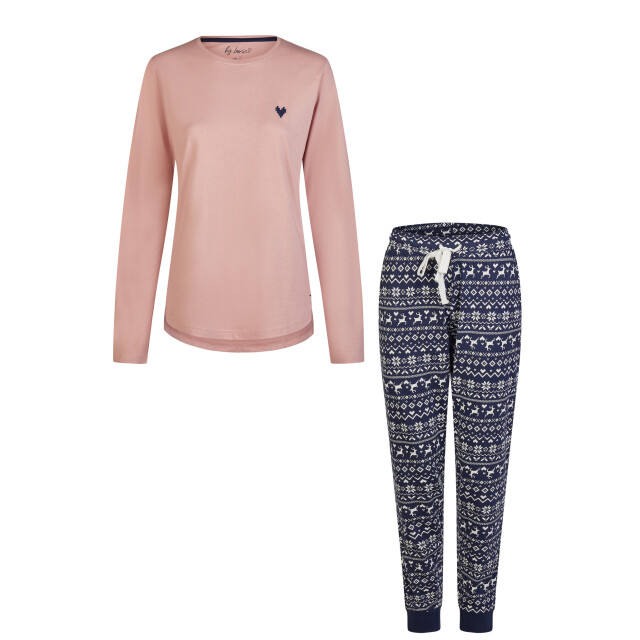 By Louise Dames pyjama set lang katoen roze/donkerblauw norwegian jacquard print BL-411-02 large