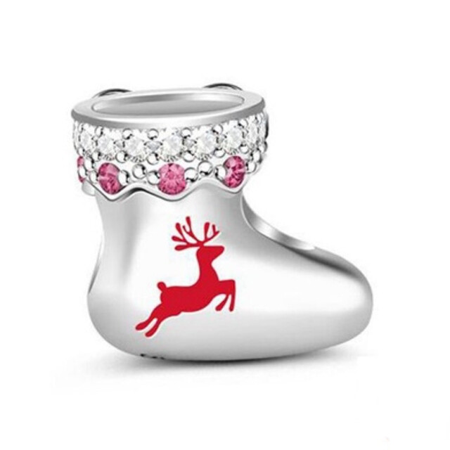 Mijn bedels Zilveren bedel glinsterende kerstsok met zirconia stenen en rendier MB2310|one size large