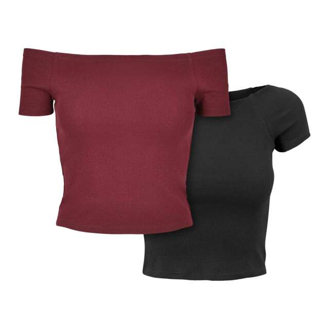 Urban Classics Dames geribd off shoulder t-shirt (set van 2) UTTN1026_redwineblack large