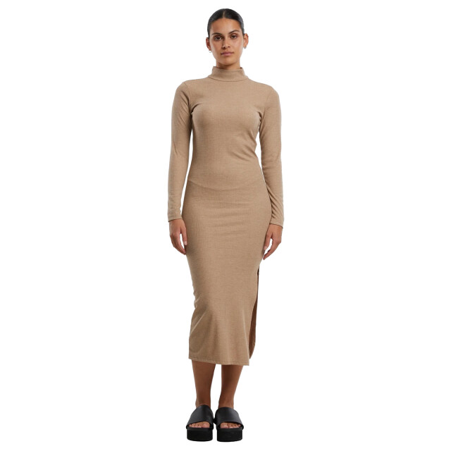 Urban Classics Dames ribbed mock neck jurk met lange mouwen UTTN515_beigemelange large