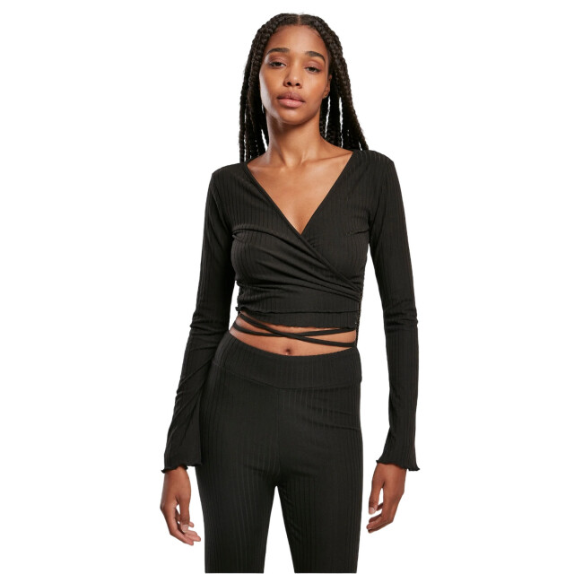 Urban Classics Dames ribbed wrap crop top met lange mouwen UTTN675_black large