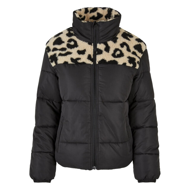 Urban Classics Dames sherpa pufferjas met luipaardprint UTTN1309_blacksand large