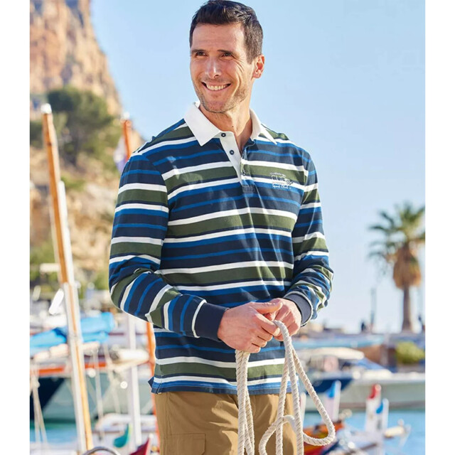 Atlas For Men Heren gestreept poloshirt met lange mouwen UTAF637_ecrunavybluekhaki large