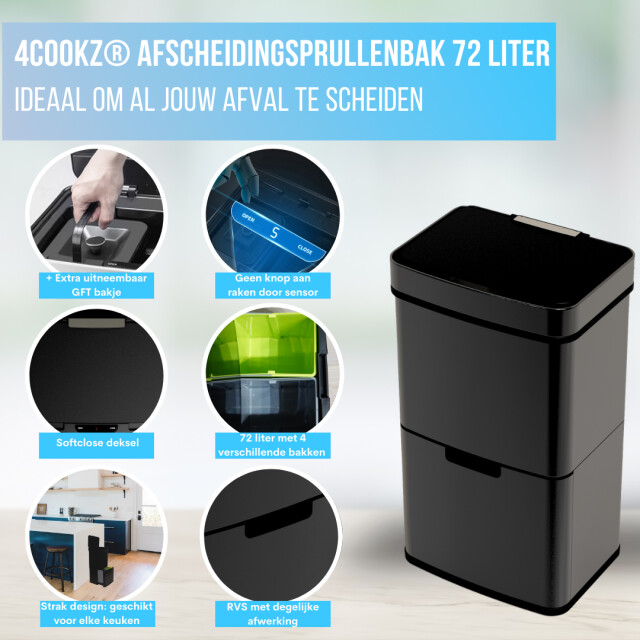 4cookz ® smart waste black m afvalscheiding prullenbak met sensor 72 l 3047750 large