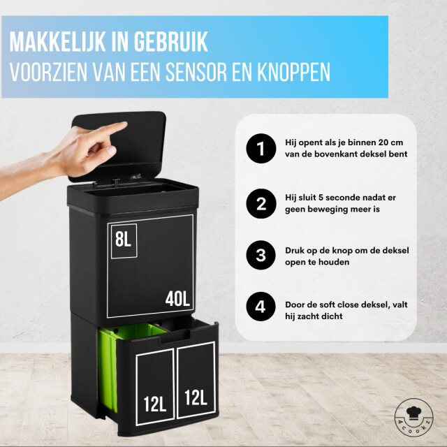 4cookz ® smart waste black m afvalscheiding prullenbak met sensor 72 l 3047750 large