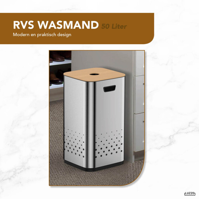 Luzzo ® wasmand glanzend verchroomd 50 liter met bamboo deksel 3047790 large