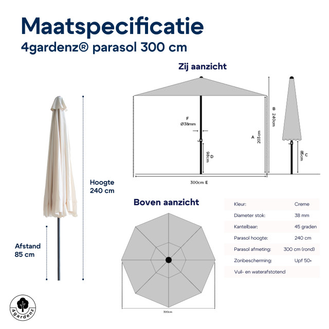 4gardenz ® parasol rond 300 cm met volant kantelbaar creme 3049026 large