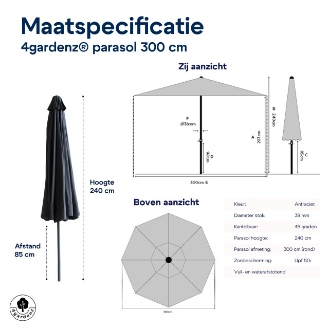 4gardenz ® parasol rond 300 cm met volant kantelbaar antraciet 3049027 large