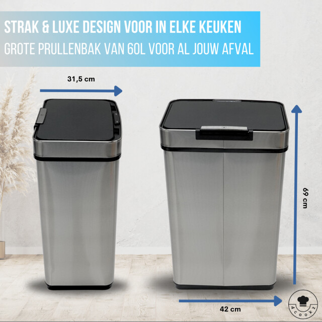 4cookz ® prullenbak met sensor 60 liter hygiënisch sensorprullenbak rvs 2 3047747 large