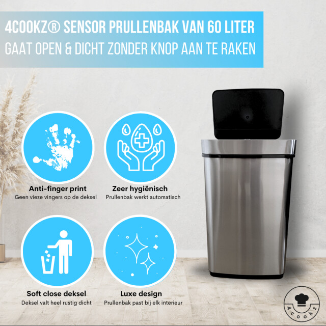 4cookz ® prullenbak met sensor 60 liter hygiënisch sensorprullenbak rvs 2 3047747 large