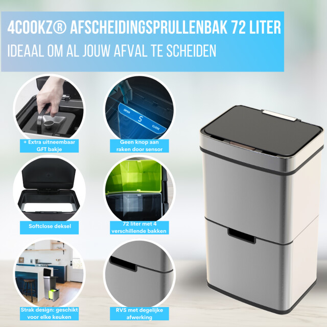 4cookz ® smart waste rvs afvalscheidingsprullenbak met sensor 72 liter met 70 3047789 large