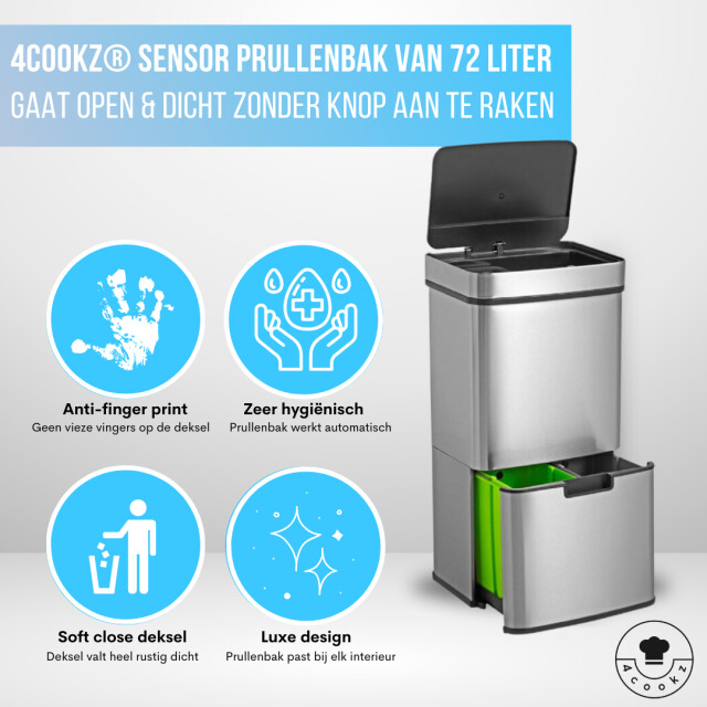 4cookz ® smart waste rvs afvalscheidingsprullenbak met sensor 72 liter met 70 3047789 large