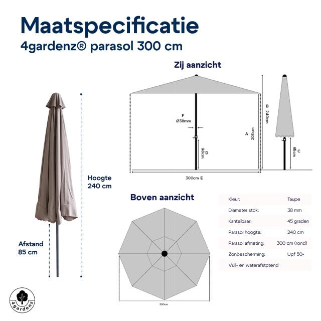 4gardenz ® parasol rond 300 cm met volant kantelbaar - 3049028 large