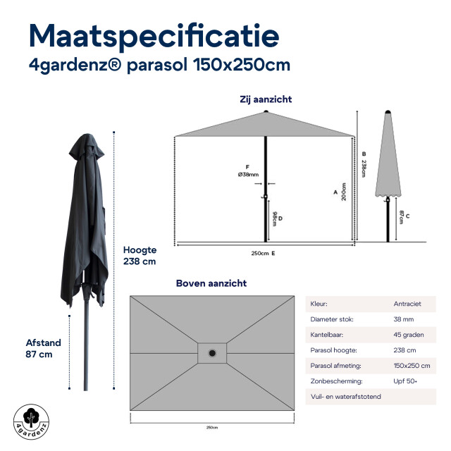 4gardenz ® parasol rechthoek 150x250cm kantelbaar balkonparasol 3049024 large