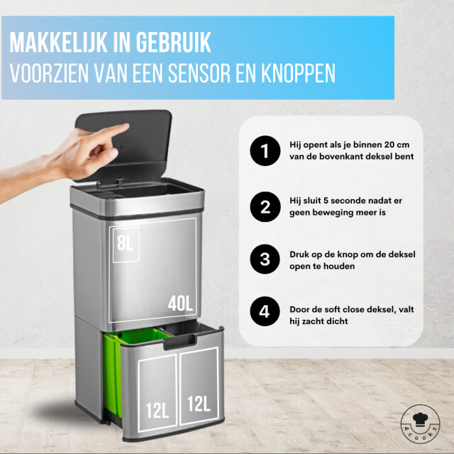 4cookz ® smart waste rvs afvalscheidingsprullenbak met sensor 72 liter met 70 3047789 large
