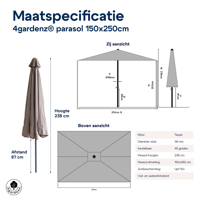 4gardenz ® parasol rechthoek 150x250cm kantelbaar balkonparasol 3049023 large
