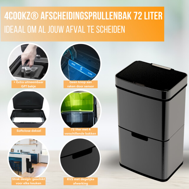 4cookz ® smart waste grey prullenbak afvalscheiding met sensor 72 liter 3047836 large
