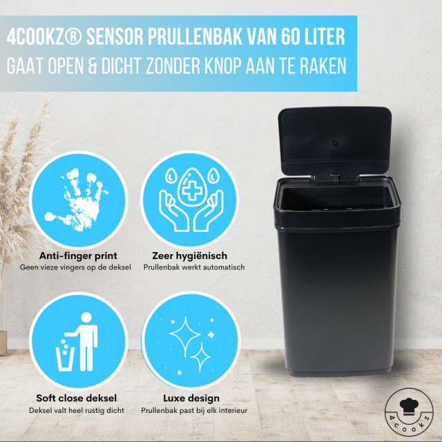 4cookz ® prullenbak met sensor 60 liter rvs prullenbak 3047719 large