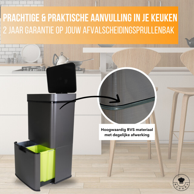4cookz ® smart waste grey prullenbak afvalscheiding met sensor 72 liter 3047836 large