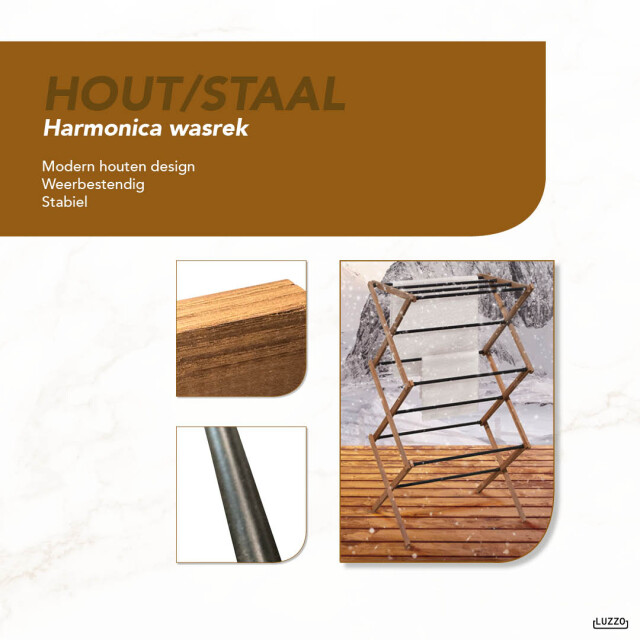 Luzzo ® wasrek inklapbaar van hardhout met staal droogrek 10 mtr droogruimte 3048977 large