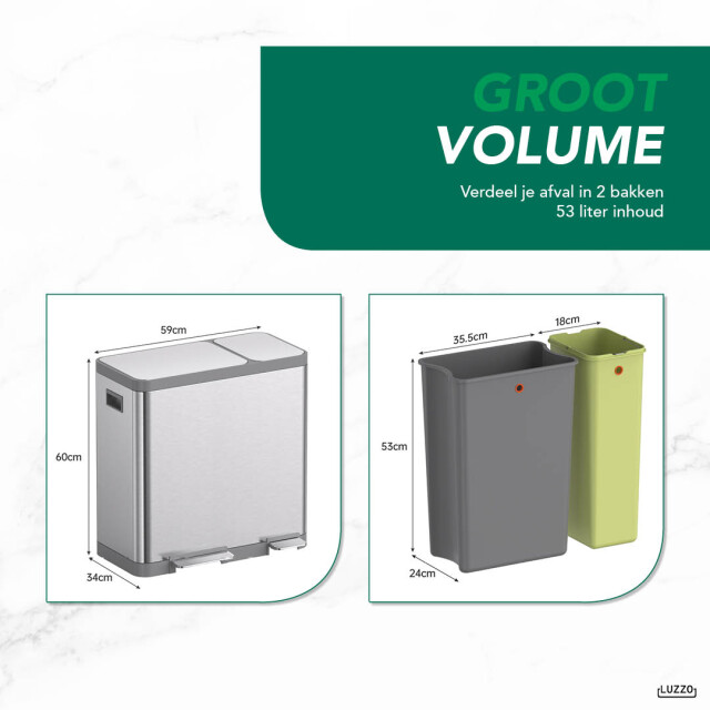 Luzzo ® vermont afvalscheidingsprullenbak pedaalemmer 54 ltr rvs 3047815 large