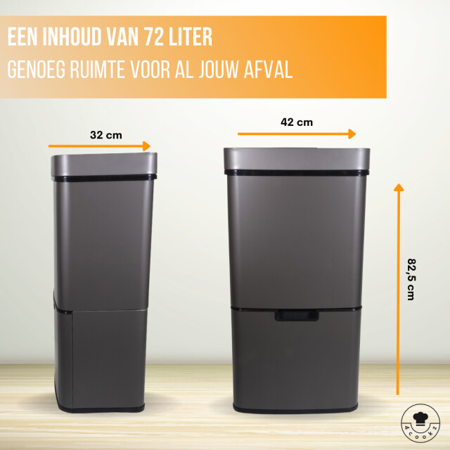 4cookz ® smart waste grey prullenbak afvalscheiding met sensor 72 liter 3047836 large