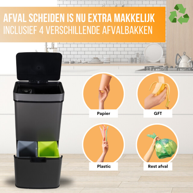 4cookz ® smart waste grey prullenbak afvalscheiding met sensor 72 liter 3047836 large