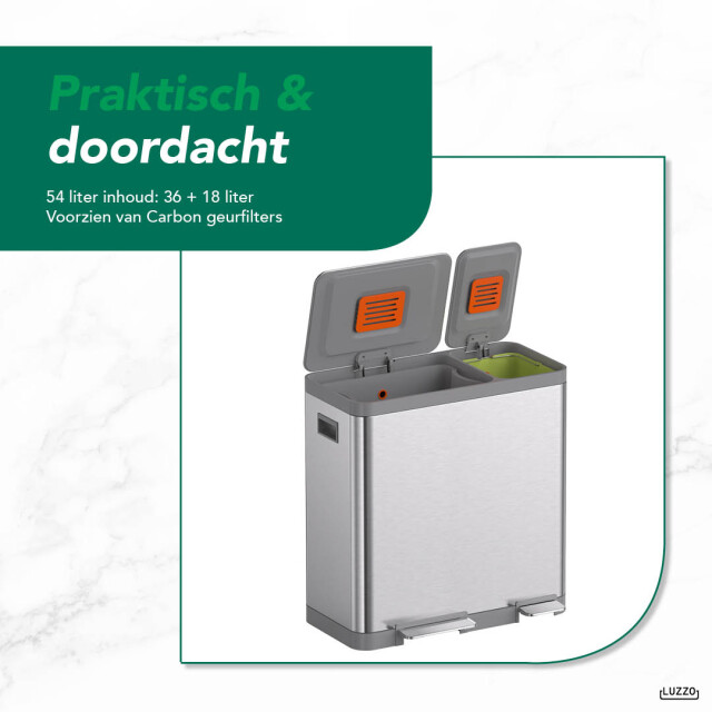 Luzzo ® vermont afvalscheidingsprullenbak pedaalemmer 54 ltr rvs 3047815 large