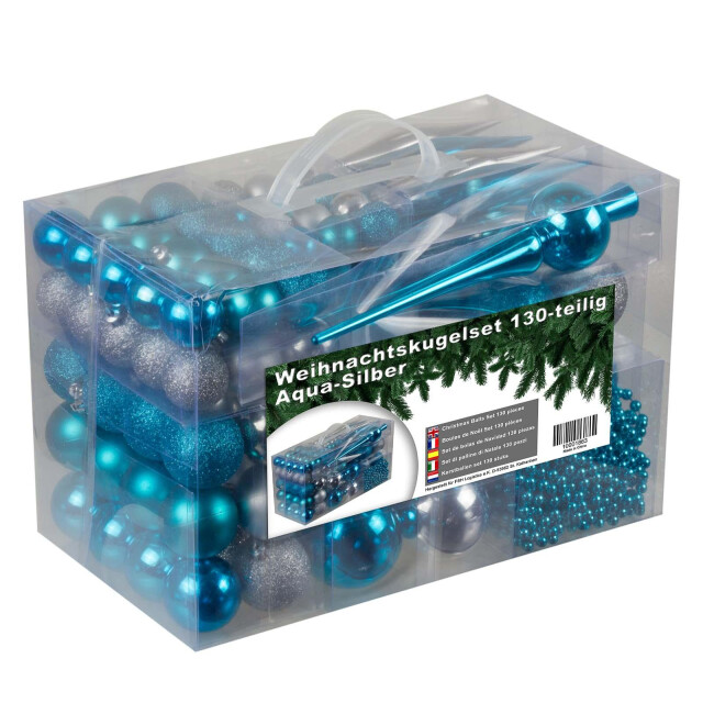 4seasonz ® kunststof kerstballen set 130 ballen piek en parelsnoer blauw/ 3047654 large