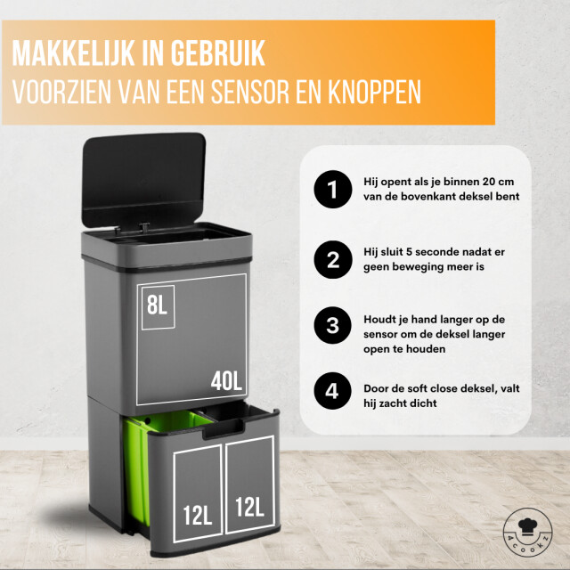 4cookz ® smart waste grey prullenbak afvalscheiding met sensor 72 liter 3047836 large