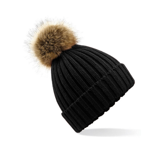 Beechfield Gebreide muts van imitatiebont UTFK1439_black large