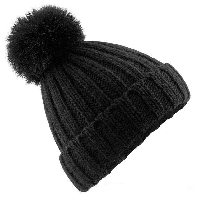Beechfield Volwassen unisex verbier faux fur pom pom muts UTFK1432_black large